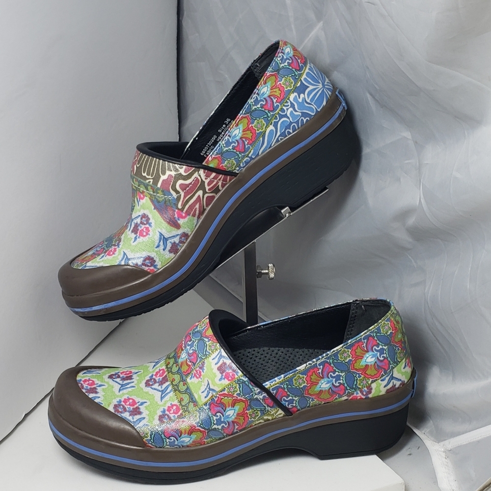 Dansko Multicolor Floral Clogs with Brown Trim